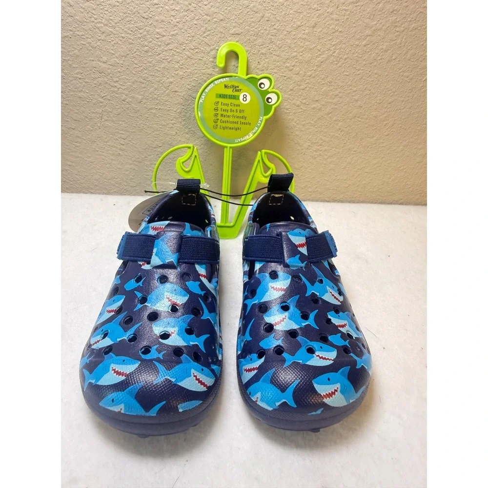 Western Chief Shark Water Shoes Kids Size 8 Navy Slip On Swim Beach Clogs NWT